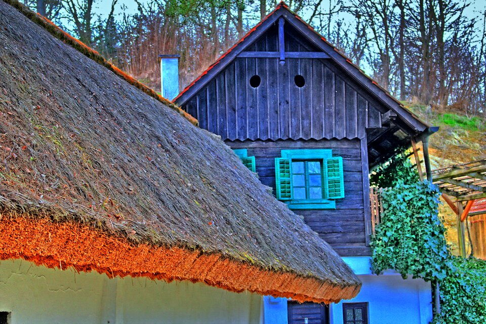 Thatched roof log cabin hdr image