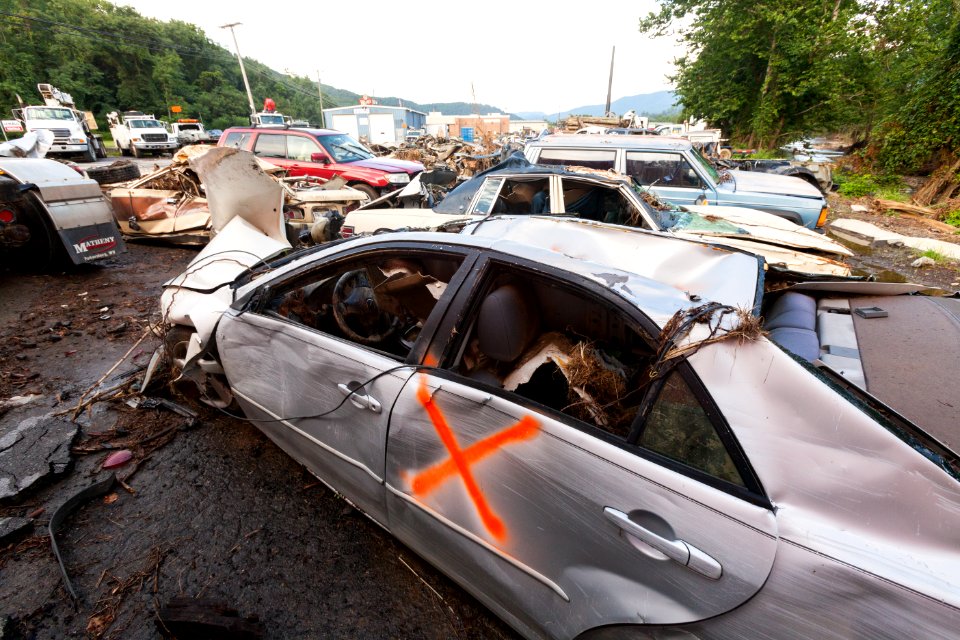 A location outside Lewisburg WV., where vehicles that were washed downstream or damaged during the flooding are being held.