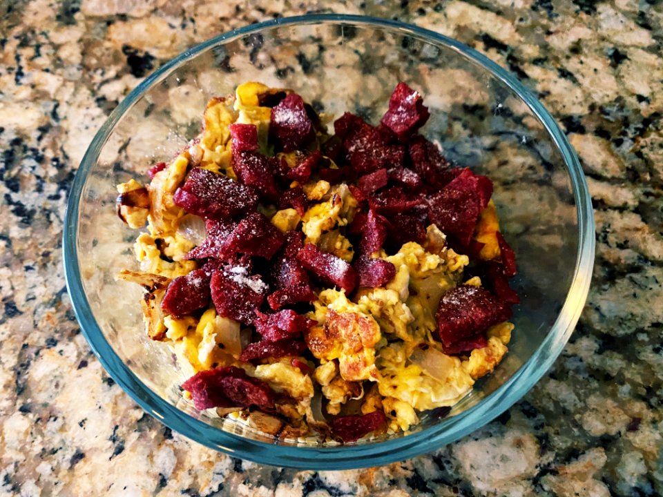 Salami and eggs dusted with Splenda
