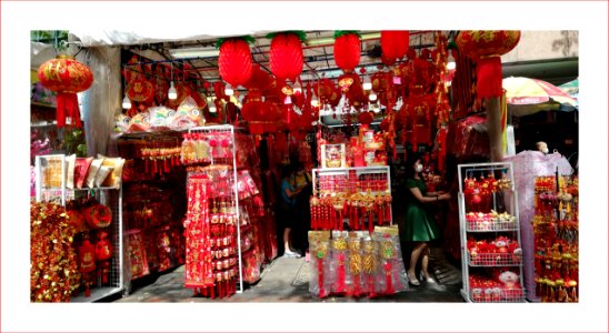 Lunar new year is coming - makeshift tent selling LNY decorations photo