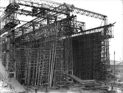 Titanic fully framed and Olympic completely plated, April 1910.