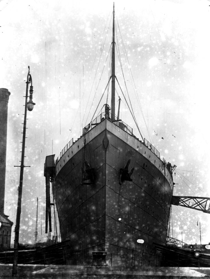 RMS Titanic on February 14th 1912 in the Thompson Graving Dock. Topical press agency