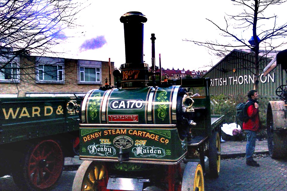Steam powered road vehicle with unusual fransverse boiler at Ingrow West station