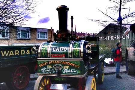 Steam powered road vehicle with unusual fransverse boiler at Ingrow West station photo