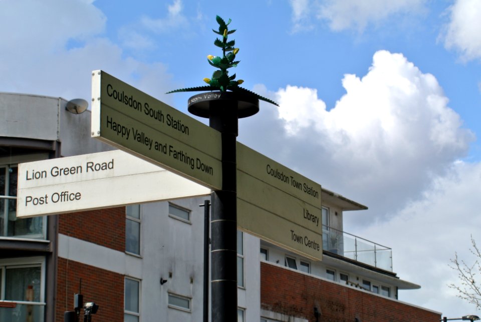 Signpost finial in Coulsdon town centre