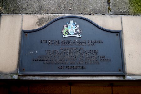 Old memorial plaque to the Bethnal Green Tube Disaster