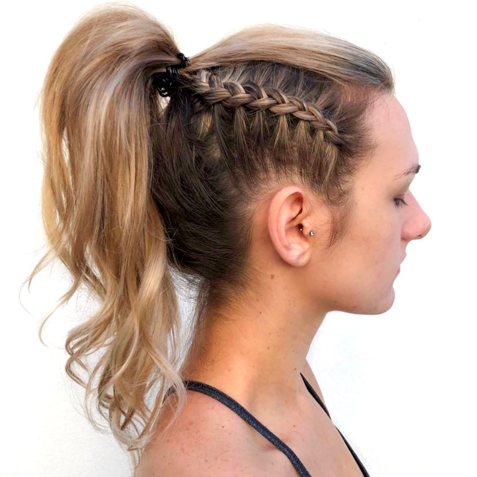 evening hairstyle with braided hair and ponytails