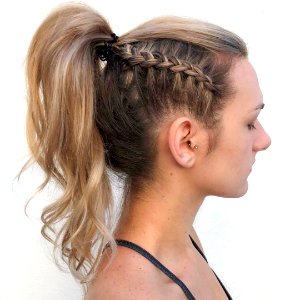 evening hairstyle with braided hair and ponytails