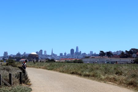 San Francisco from Crissy Field Beach next to the Golden Gate Bridge photo