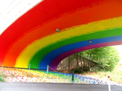 Rainbow Underbelly On A Transit Bridge In North Calgary