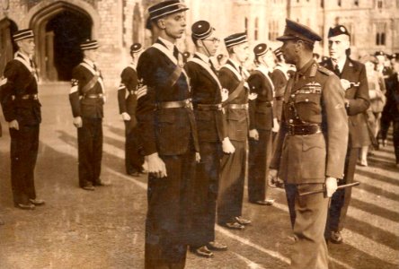 King George VI inspecting the Boys Brigade (Windsor Castle?). c1940.