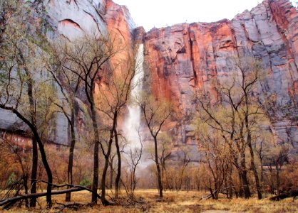 Waterfall after heavy rain in Zion Canyon photo