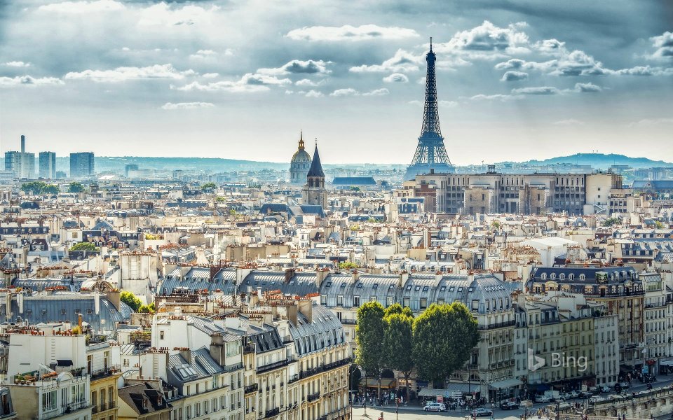 View of Paris, France, with the Eiffel Tower taken from Notre Dame Cathedral