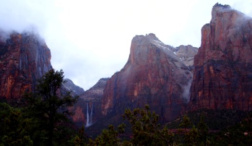 Waterfalls after heavy rain in Zion Canyon