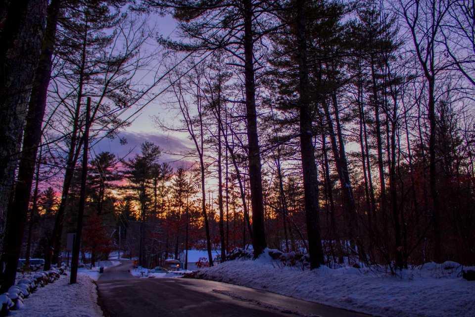 New England road with snow at wintertime