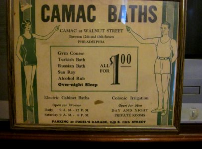 Advertising sign from 1930s for Camac Baths of Philadelphia. It closed as a traditional Turkish-style bathouse in the 1980s.