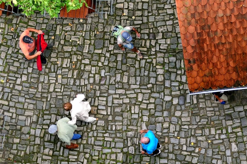 People in castle courtyard