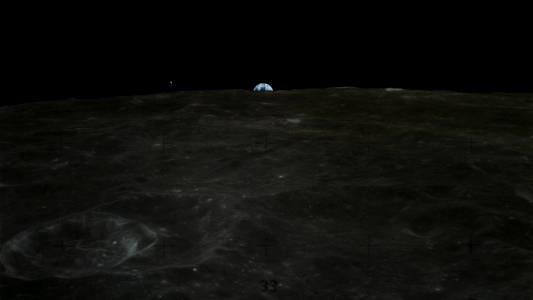 Apollo 16 Earthrise with Command Module on the lunar horizon photo