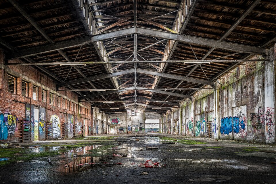 Old factory hall broken destruction