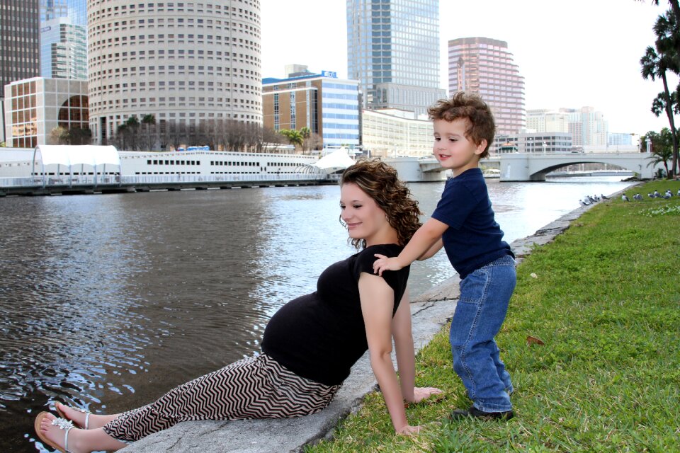 Canal city scape mother and son
