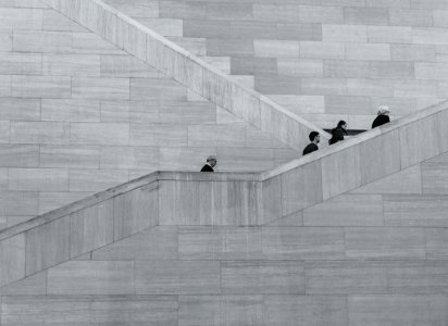 four person walking on stair sketch photo