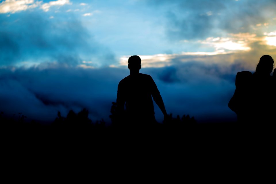 silhouette of person walking towers trees