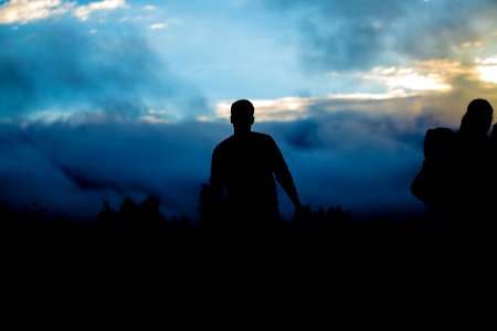 silhouette of person walking towers trees