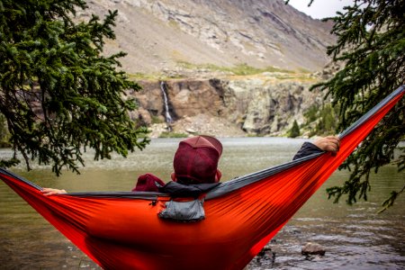 man lying on hammock beside trees photo