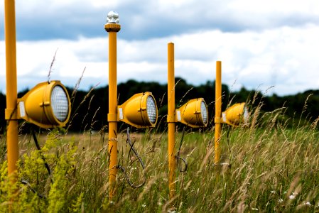 four yellow post lights on green grasses photo