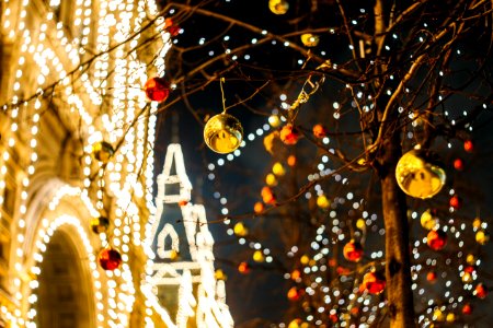 Christmas baubles on tree decor photo