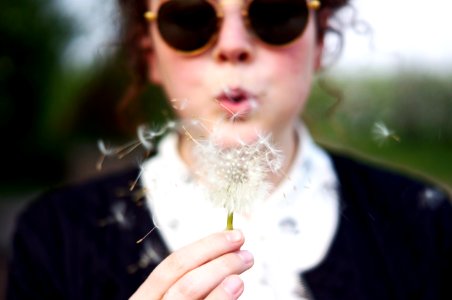 woman blowing white dandelion flower photo