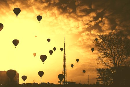 silhouette hot air balloons under cloudy skies during golden hour photo