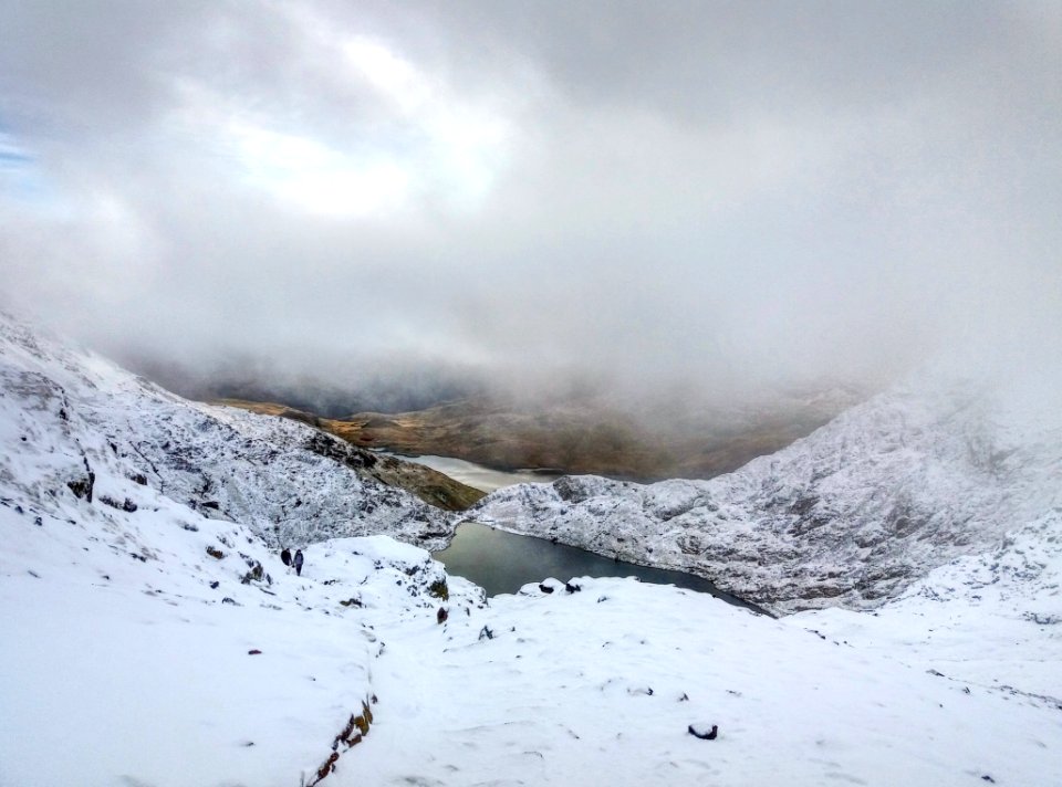 snow mountain landscape with body of water and fog during daytime photo