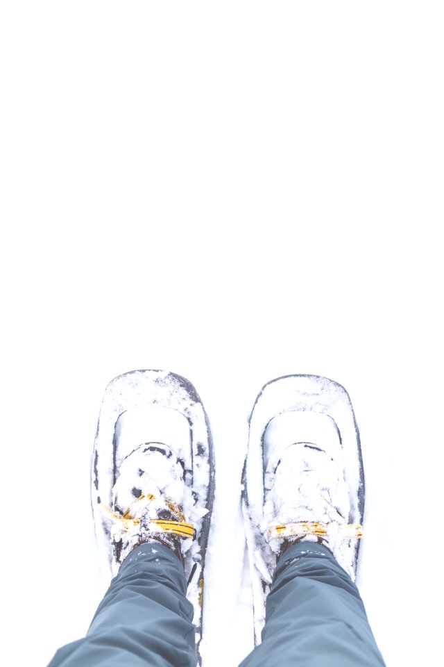 person wearing black snowshoes