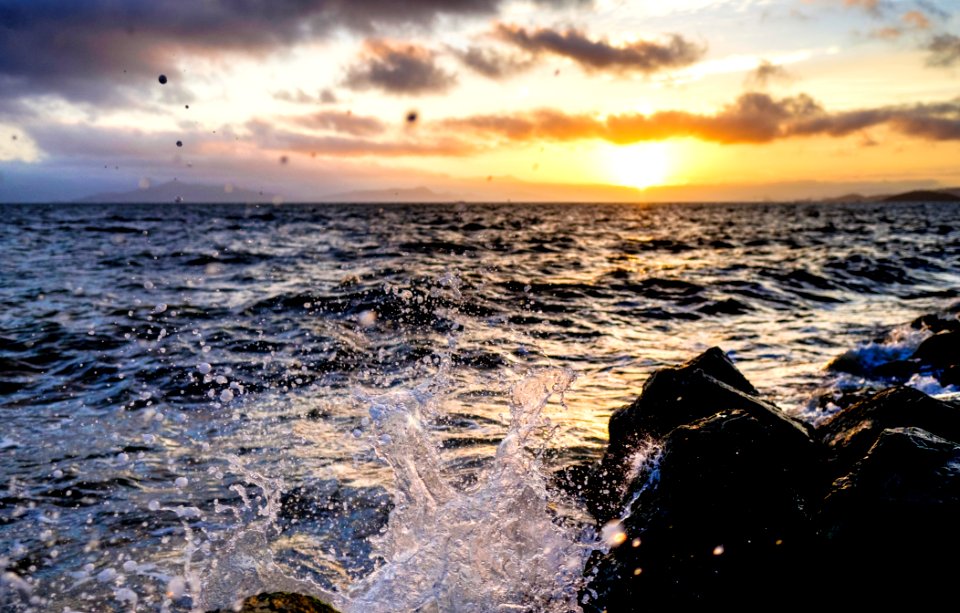 shallow focus photography of seashore with waves under orange sunset