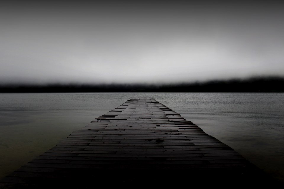 grayscale photography of dock