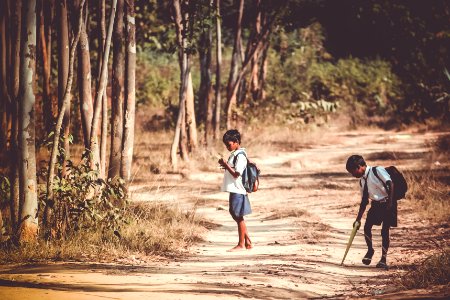 two boys standing on road near tree at daytime