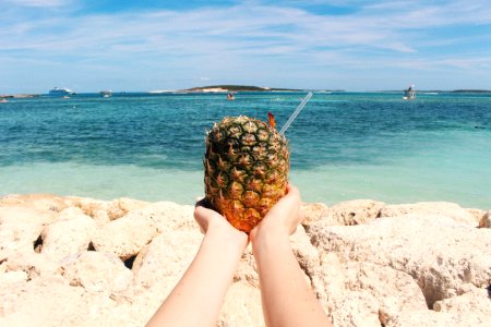 person holding pineapple on seashore during daytime photo