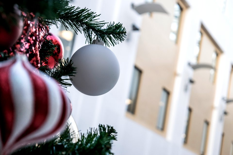 white bauble on Christmas tree