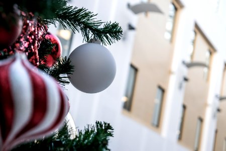 white bauble on Christmas tree photo
