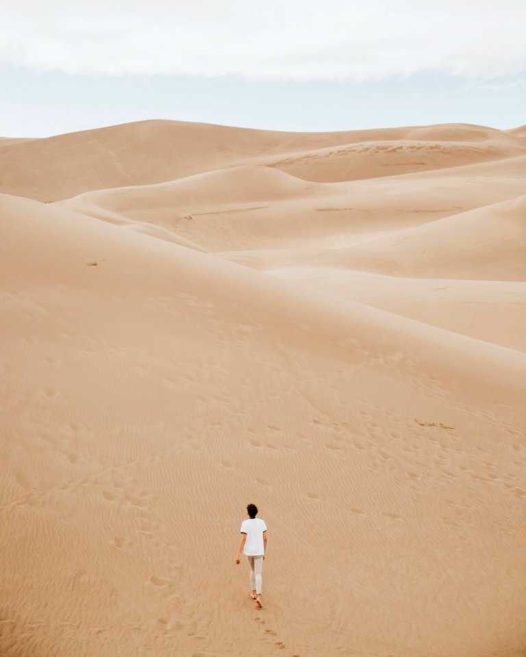 person walking on sand dune