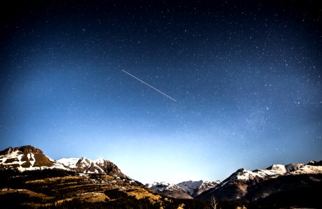 photo of shooting star over snow covered mountains