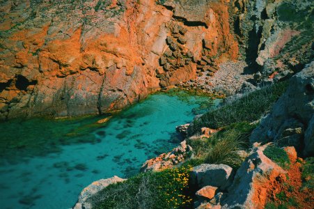 aerial photography of valley with body of water photo