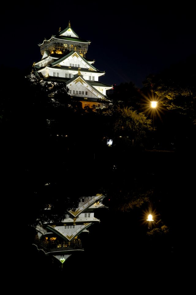 A tall temple reflecting off the water at night.