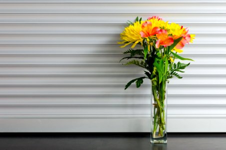 yellow and red petaled flower in clear glass vase photo