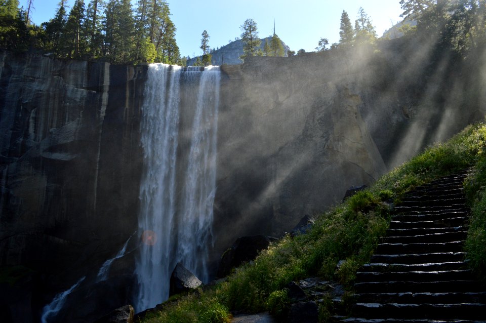 man-made stairs near waterfalls