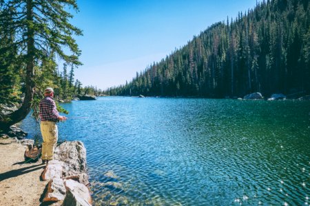man standing on rock on front of lake surrounded with trees at daytime photo
