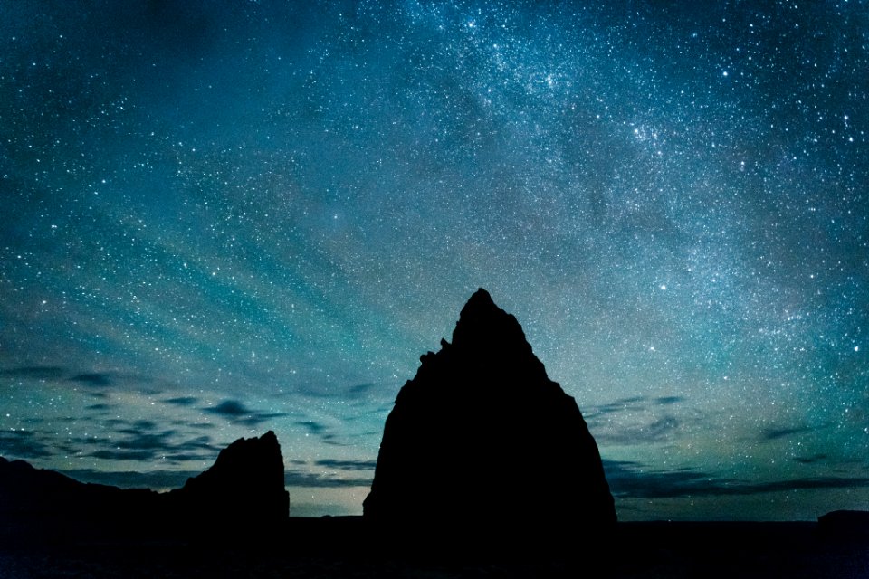silhouette of rocky mountain under starry sky