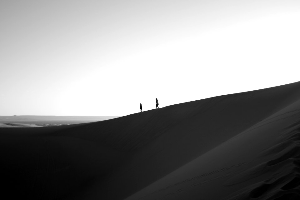 silhouette of two person walking on dessert
