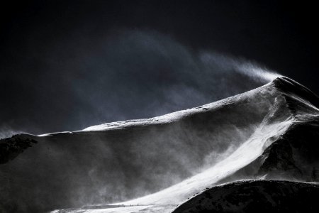 grayscale photo of snow covered mountain
